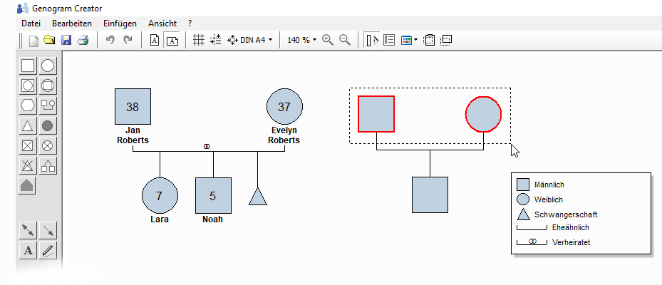 Arbeitsoberfl�che von Genogram Creator
